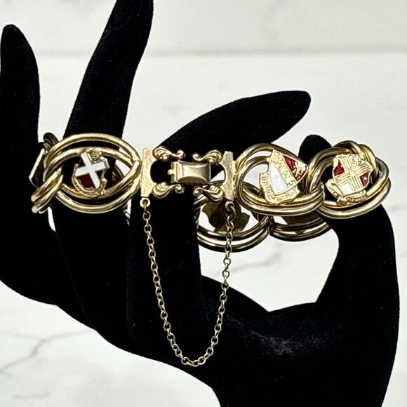 Vintage Gold Tone Heraldic Enamel Shield Link Bracelet 7" - Picture 7 of 14